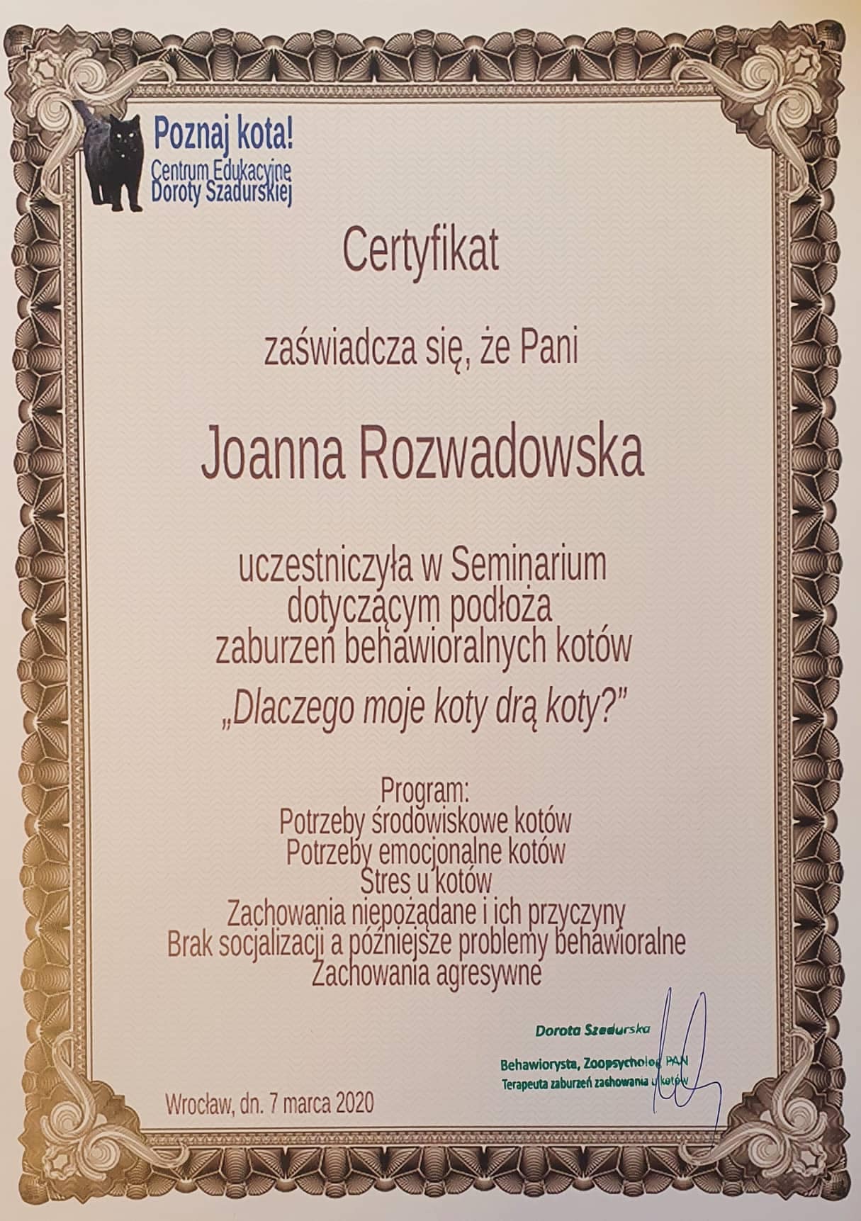 koci behawiorysta wrocław, dyplom