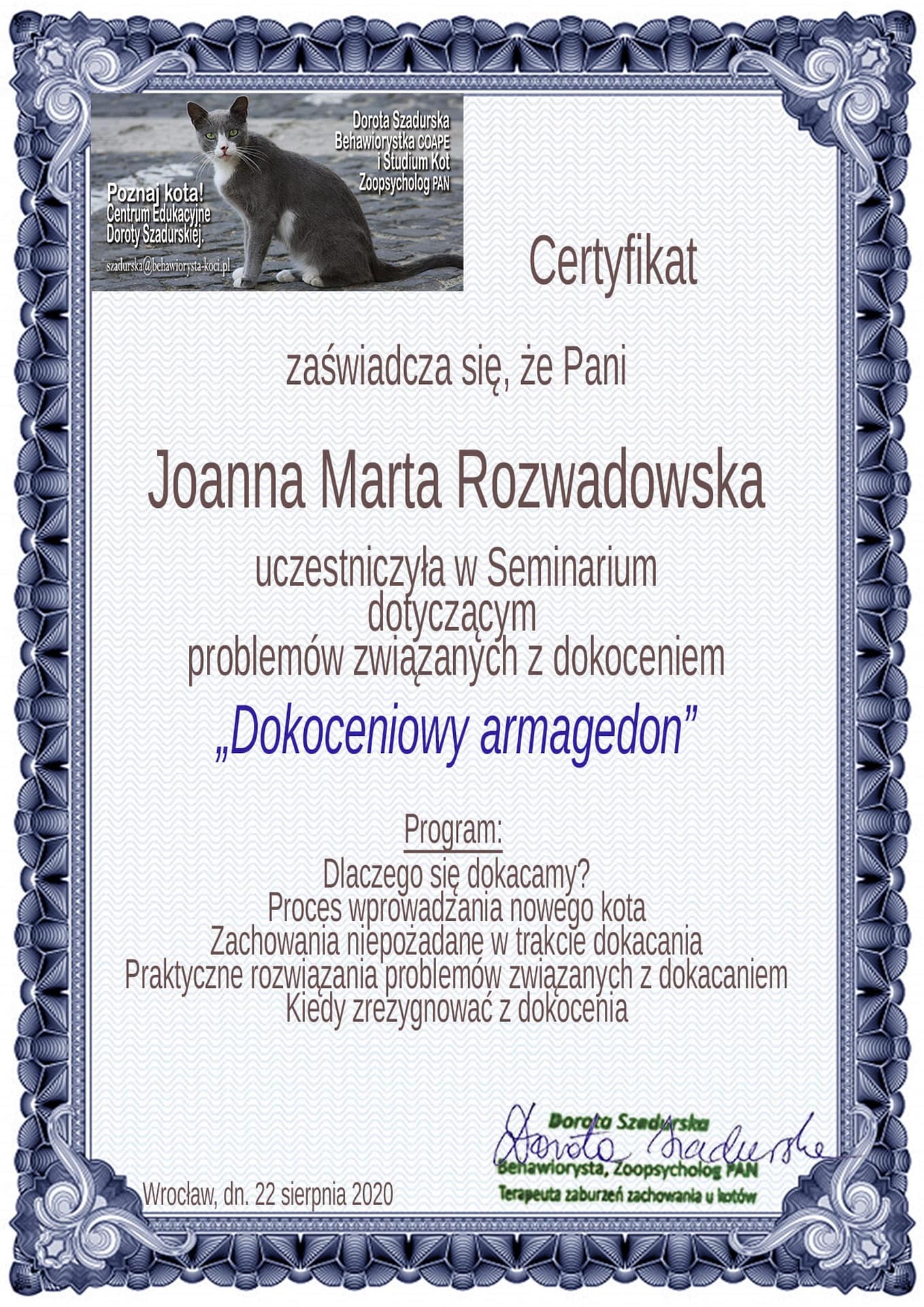 koci behawiorysta wrocław, dyplom
